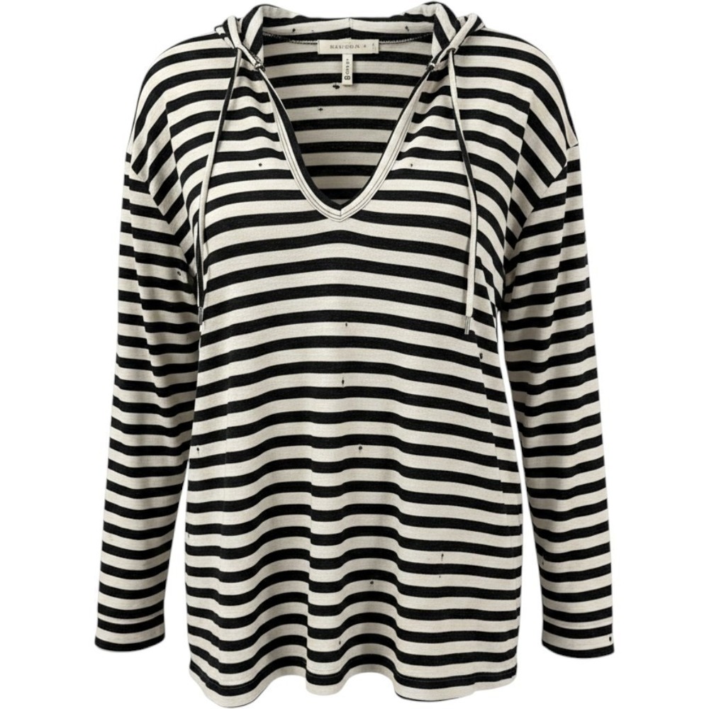 Emma & Sam Womens Hoodie M Black White Striped USA Distressed V-Neck Grunge